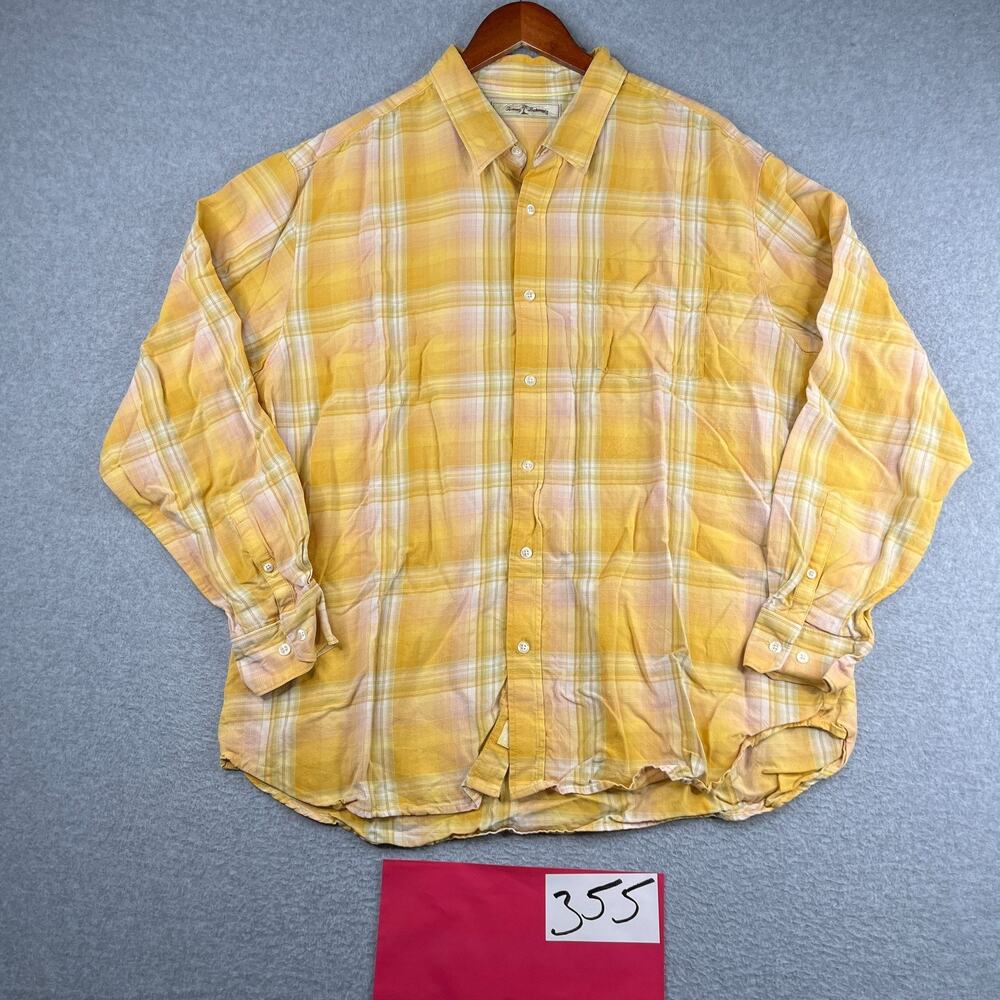 Tommy Bahama Shirt XL Yellow Plaid Beach Pocket Button Up Long Sleeve Mens *SEE